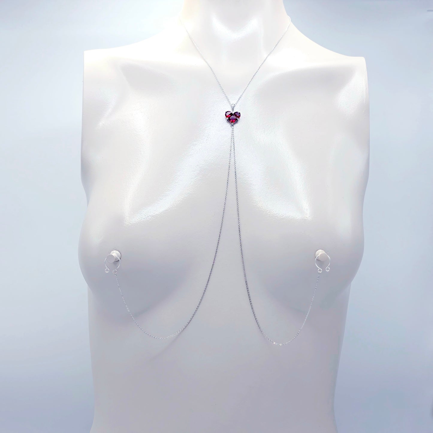 Heart Necklace to Nipple. Platinum and CZ. Multiple Nipple Attachment Options.