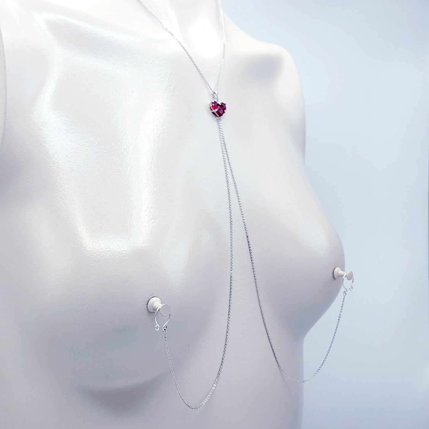 Heart Necklace to Nipple. Platinum and CZ. Multiple Nipple Attachment Options.