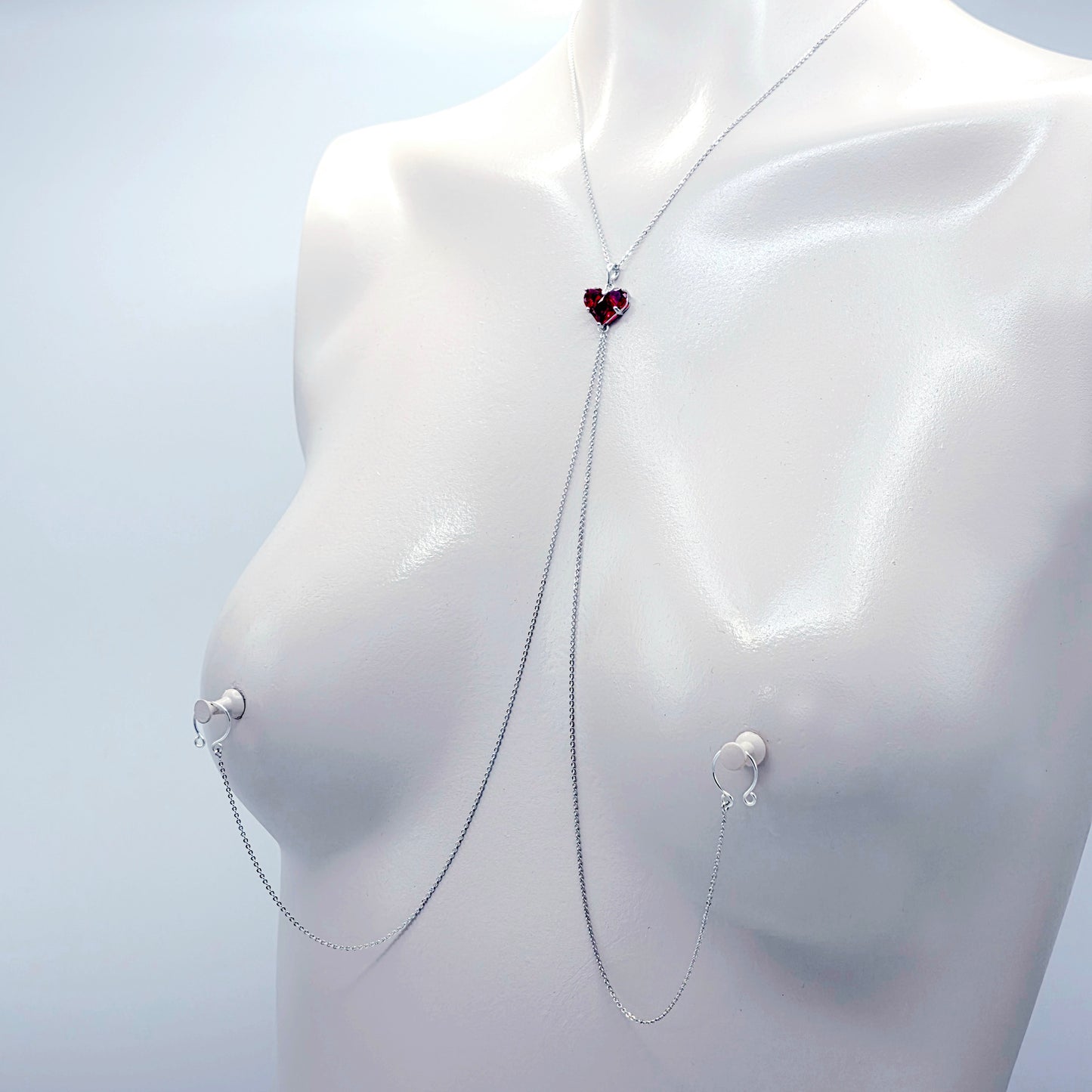 Heart Necklace to Nipple. Platinum and CZ. Multiple Nipple Attachment Options.