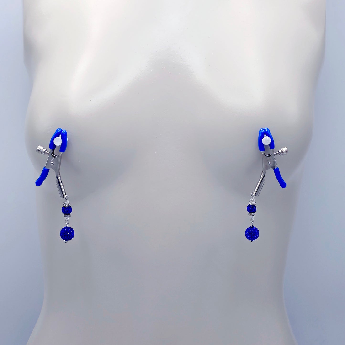 Pair of Adjustable Nipple Clamps with Blue Tips and Sparkling blue beads