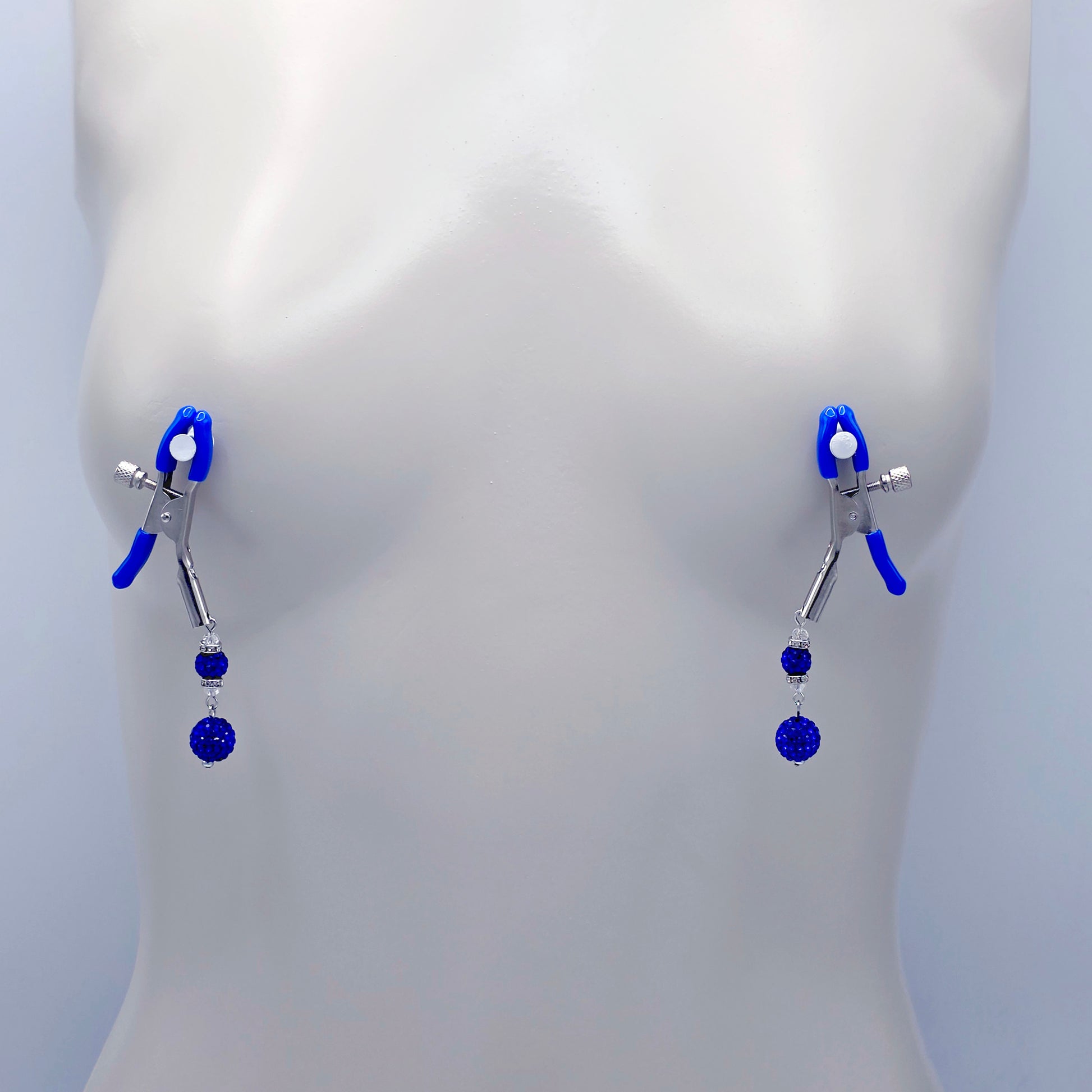 Pair of Adjustable Nipple Clamps with Blue Tips and Sparkling blue beads
