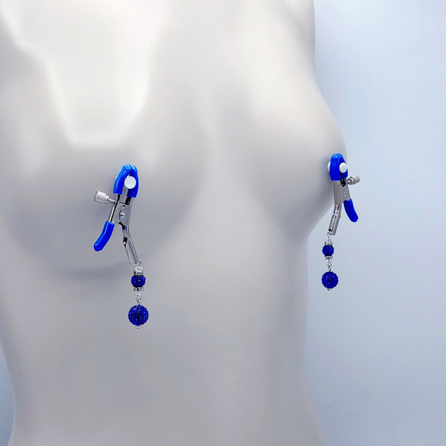 Pair of Adjustable Nipple Clamps with Blue Tips and Sparkling blue beads