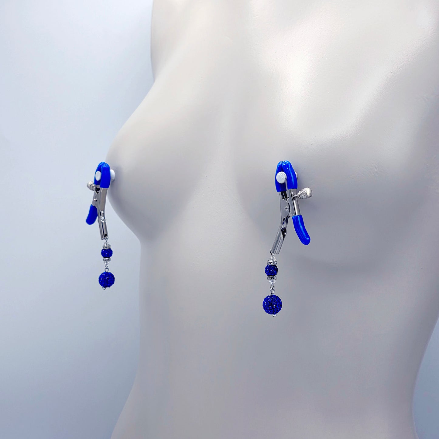 Pair of Adjustable Nipple Clamps with Blue Tips and Sparkling blue beads
