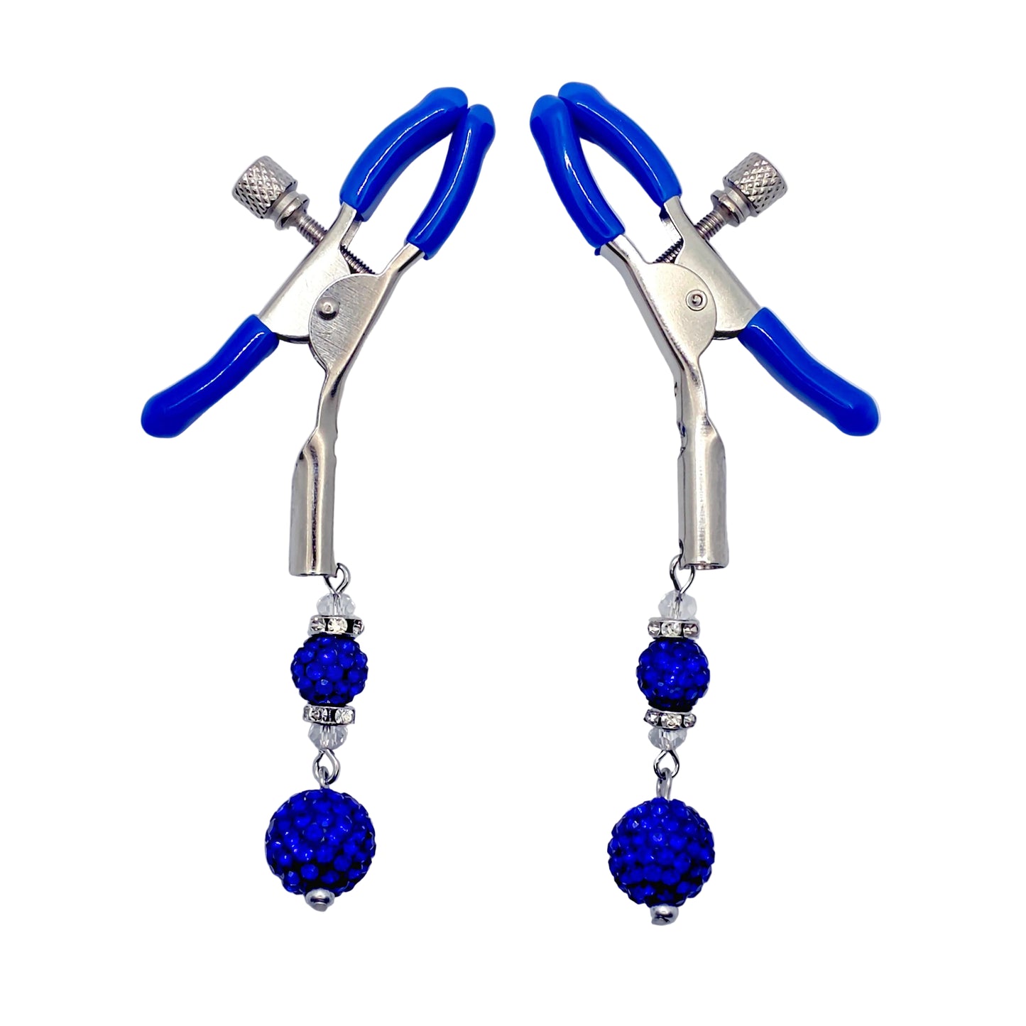 Pair of Adjustable Nipple Clamps with Blue Tips and Sparkling blue beads
