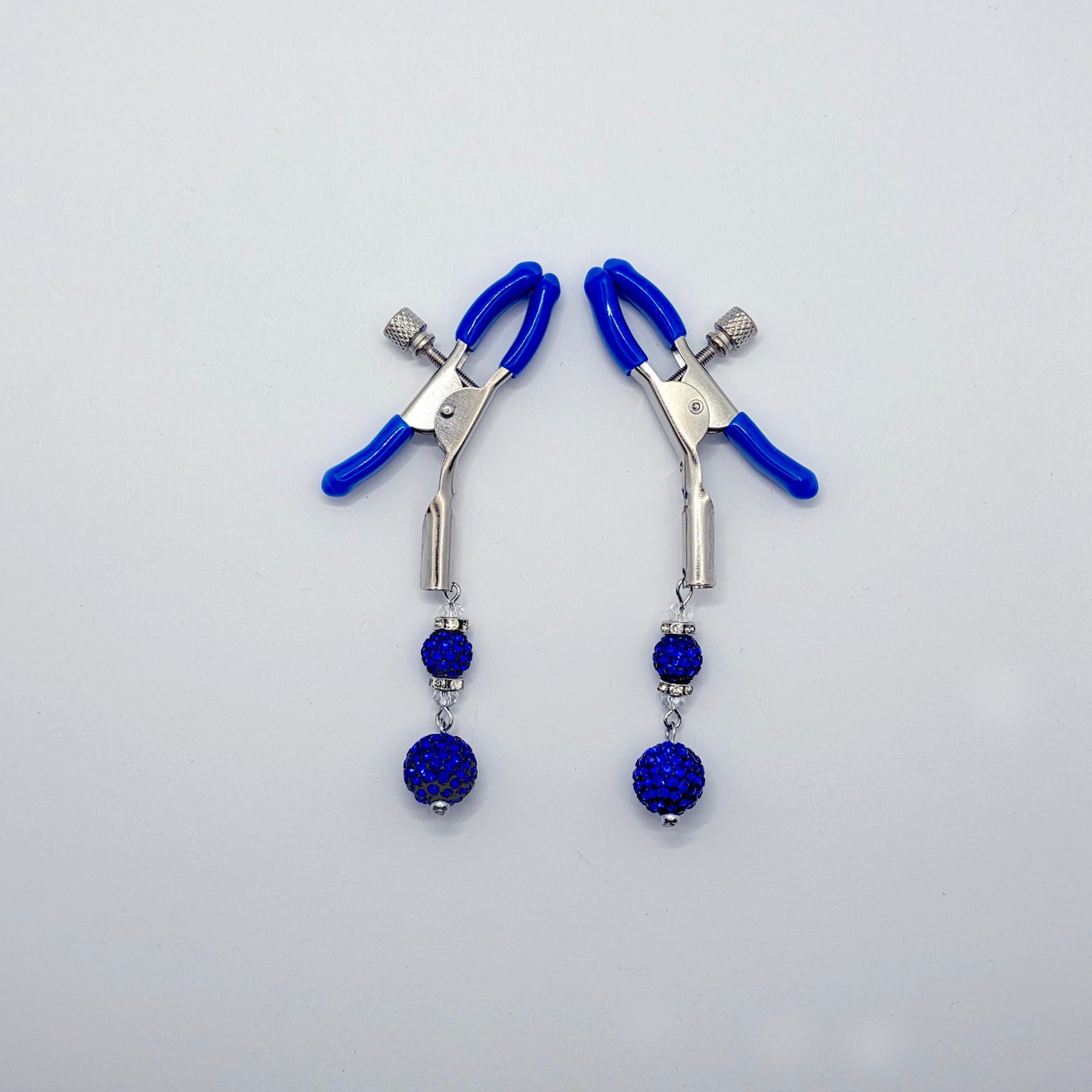 Pair of Adjustable Nipple Clamps with Blue Tips and Sparkling blue beads
