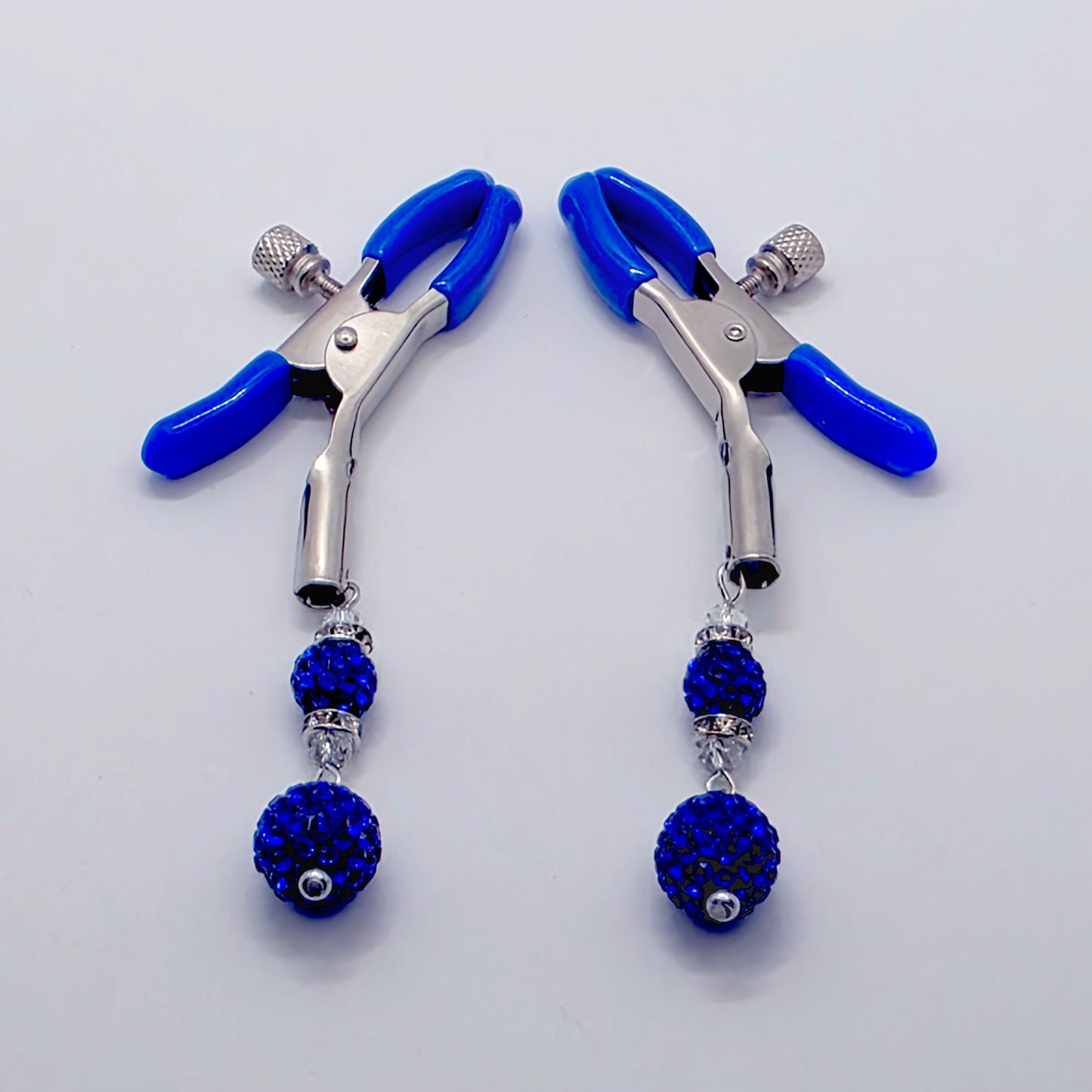 Pair of Adjustable Nipple Clamps with Blue Tips and Sparkling blue beads