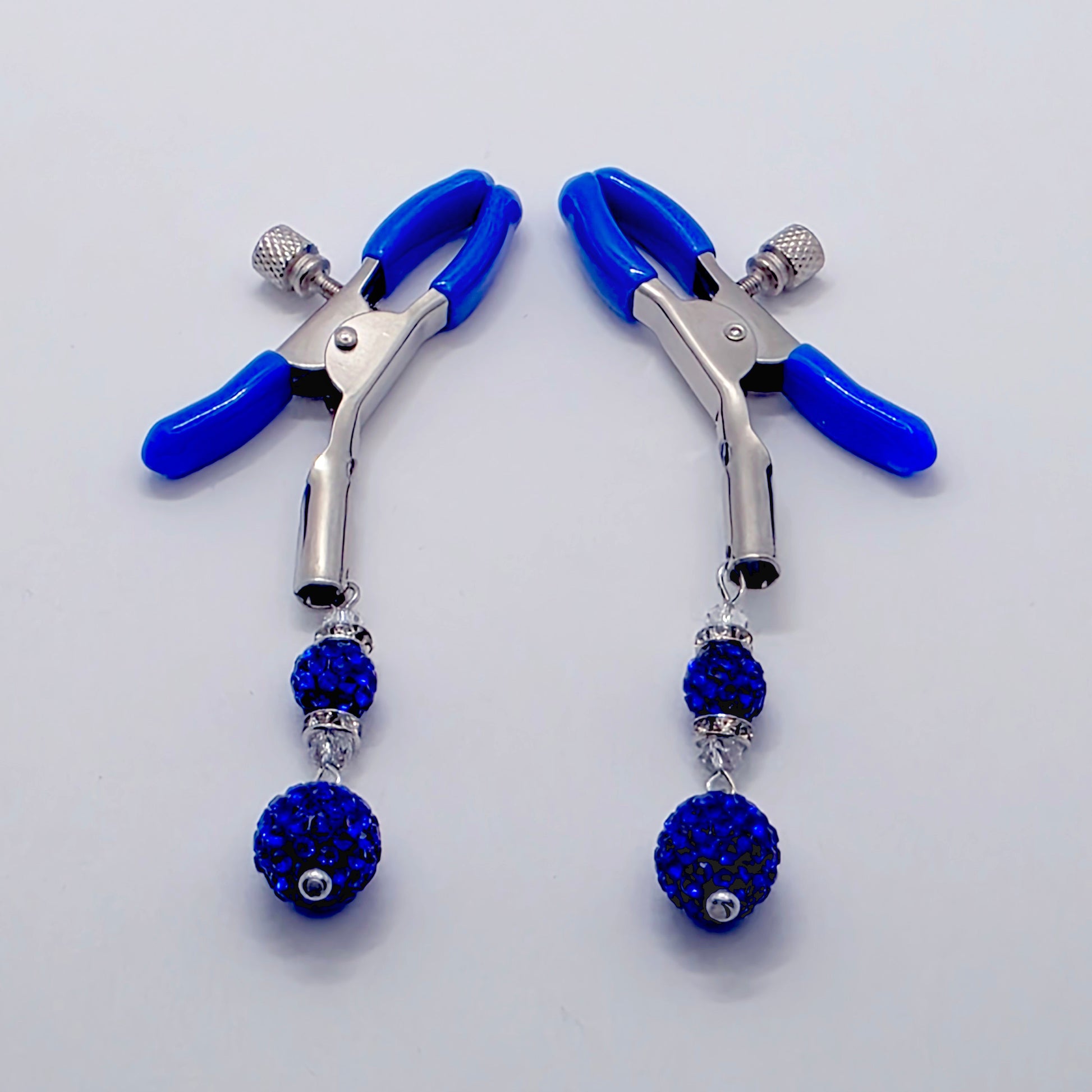 Pair of Adjustable Nipple Clamps with Blue Tips and Sparkling blue beads