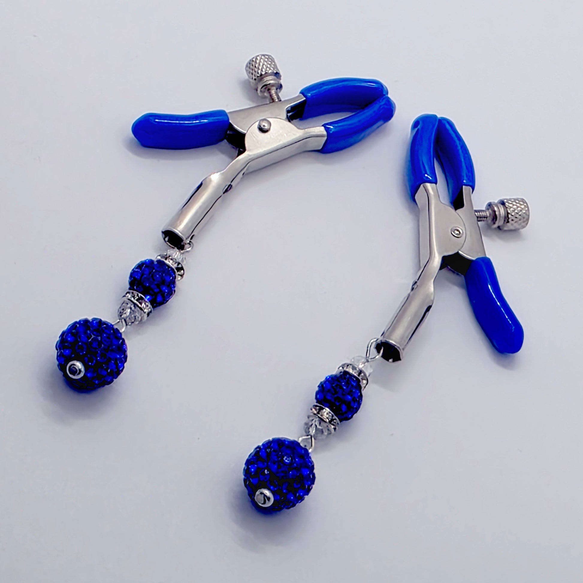 Pair of Adjustable Nipple Clamps with Blue Tips and Sparkling blue beads