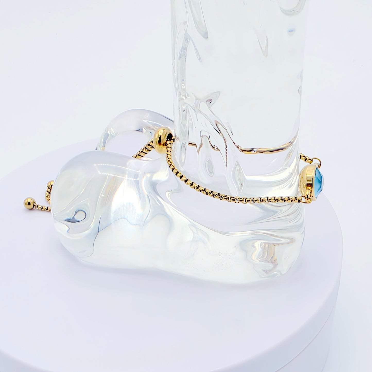 Gold Stainless Steel Penis Noose Bracelet with Light Blue Gemstone