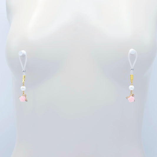 Non Piercing Nipple Dangles or Clamps with Rose and Pearls. Choose Nipple Nooses or Your Choice of Clamps. BDSM