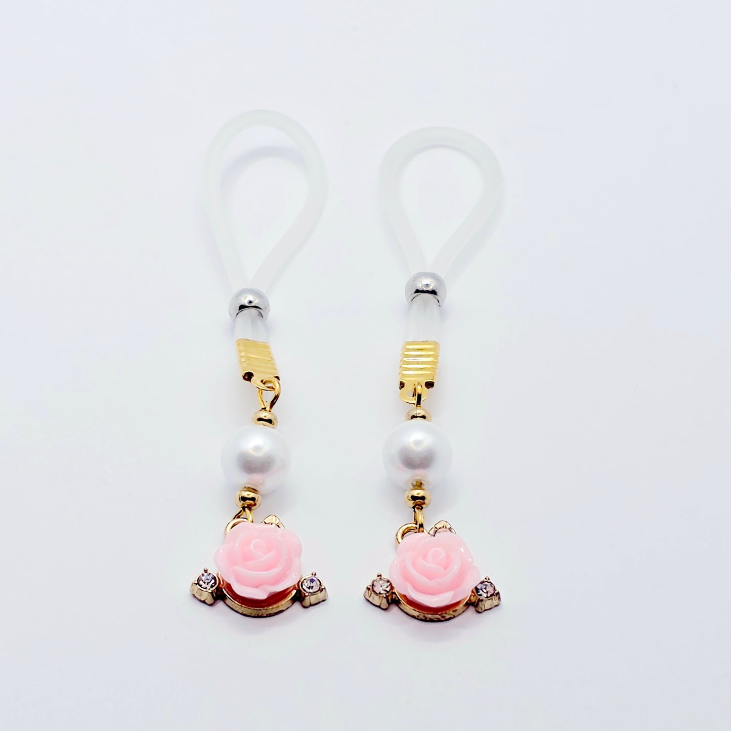 Non Piercing Nipple Dangles or Clamps with Rose and Pearls. Choose Nipple Nooses or Your Choice of Clamps. BDSM