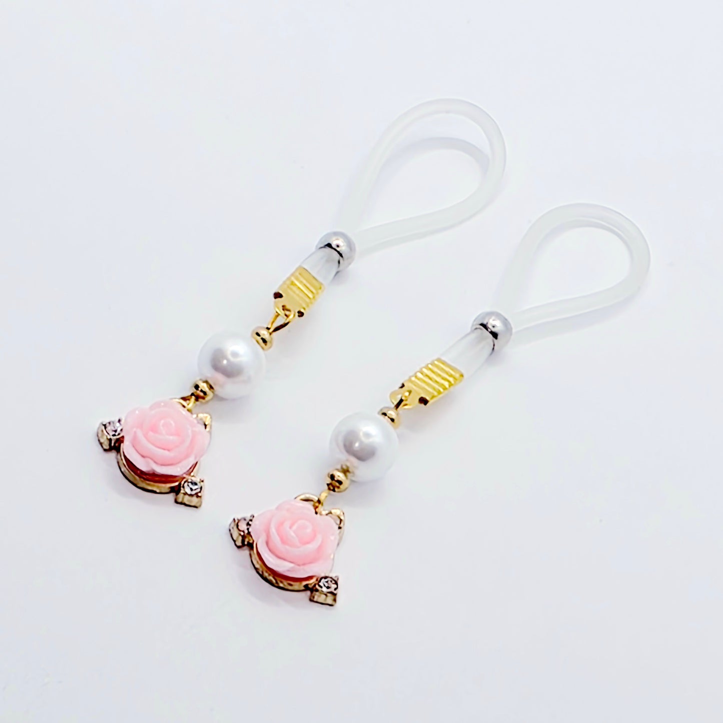 Non Piercing Nipple Dangles or Clamps with Rose and Pearls. Choose Nipple Nooses or Your Choice of Clamps. BDSM