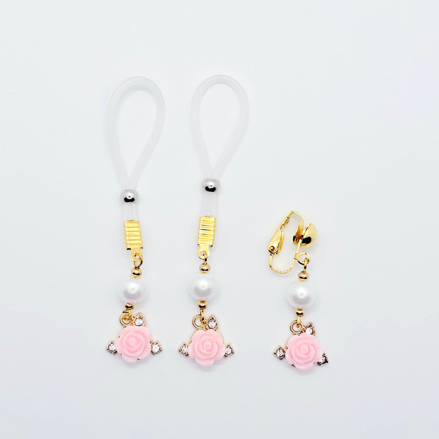 Non Piercing Nipple and VCH Clip Set with Rose and Pearls. Chooses Nipple Nooses or Clamps. Erotic Body Jewelry. MATURE, BDSM