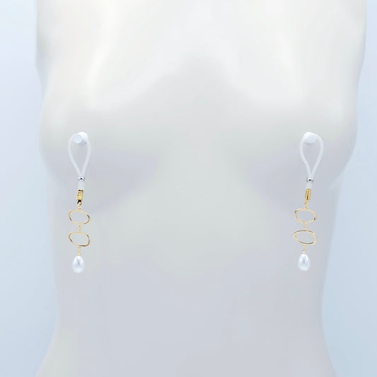 Gold and Pearl Nipple Dangles on Non-Piercing Nipple Nooses or Clamps