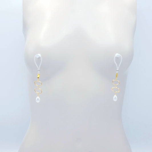 Gold and Pearl Nipple Dangles on Non-Piercing Nipple Nooses or Clamps