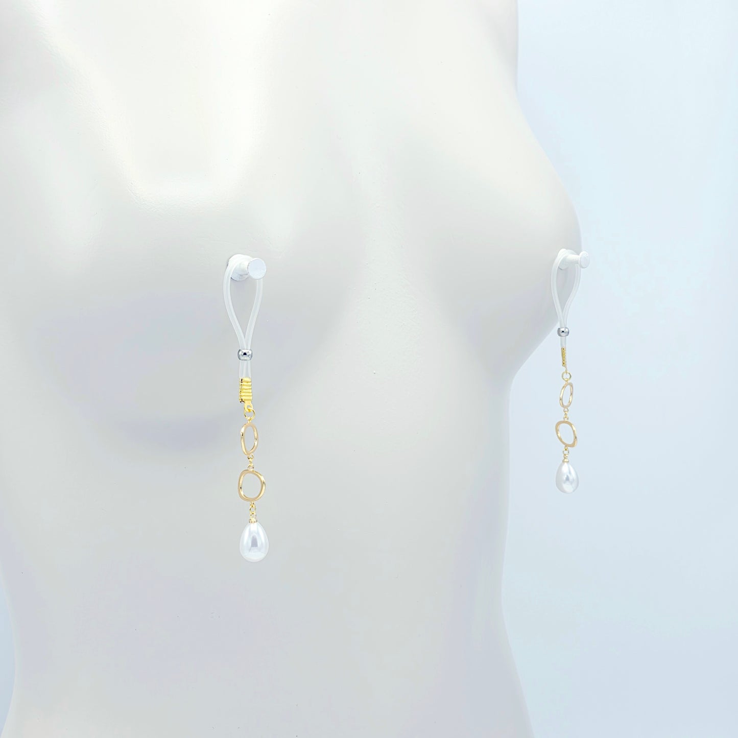 Gold and Pearl Nipple Dangles on Non-Piercing Nipple Nooses or Clamps