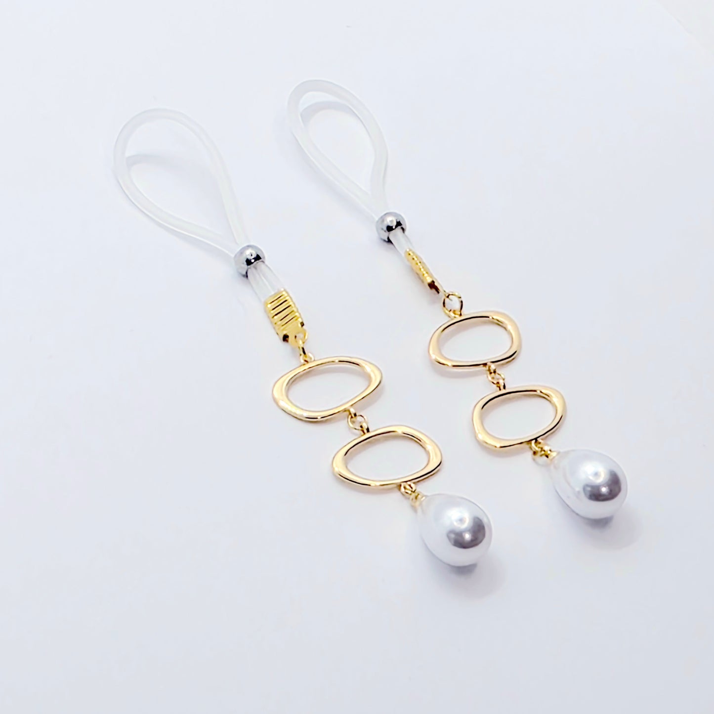 Gold and Pearl Nipple Dangles on Non-Piercing Nipple Nooses or Clamps