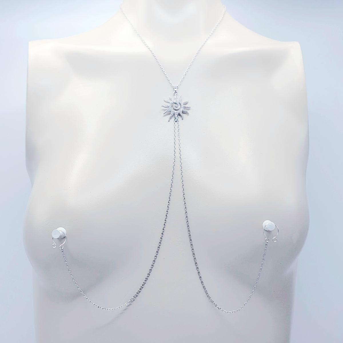 Necklace to Nipple, Platinum, with Spiral CZ Sun and Your Choice of Attachment.