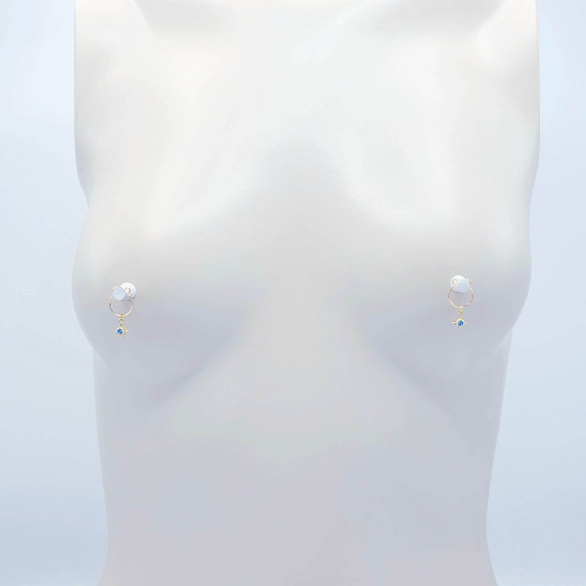 Gold Star Nipple Rings with Blue Gem. Non-Piercing Intimate Body Jewelry for Women. MATURE