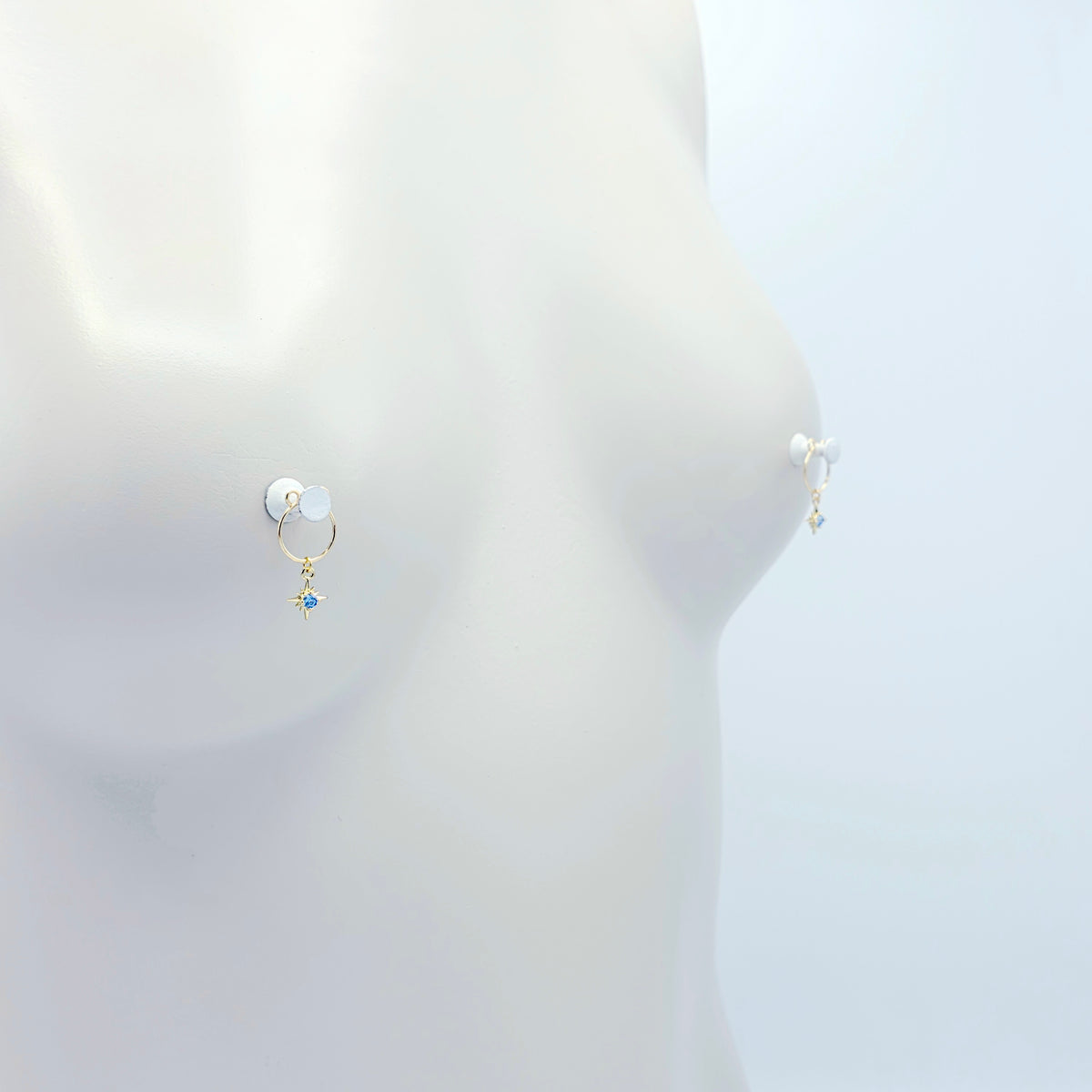 Gold Star Nipple Rings with Blue Gem. Non-Piercing Intimate Body Jewelry for Women. MATURE
