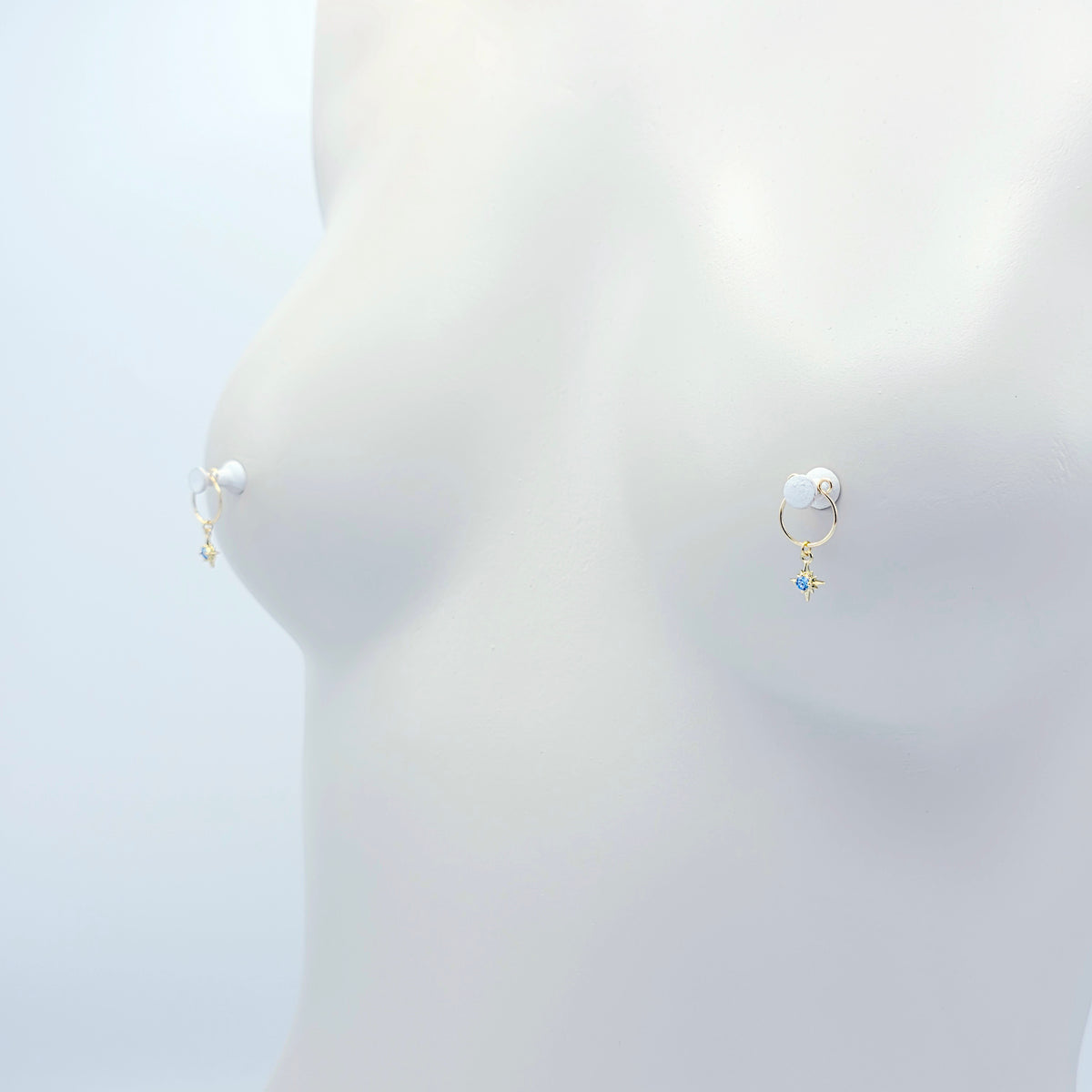 Gold Star Nipple Rings with Blue Gem. Non-Piercing Intimate Body Jewelry for Women. MATURE