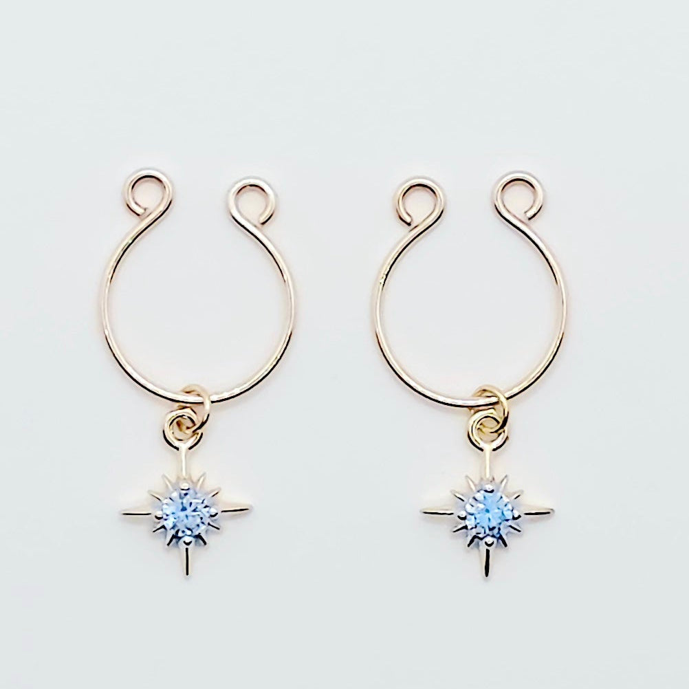 Gold Star Nipple Rings with Blue Gem. Non-Piercing Intimate Body Jewelry for Women. MATURE