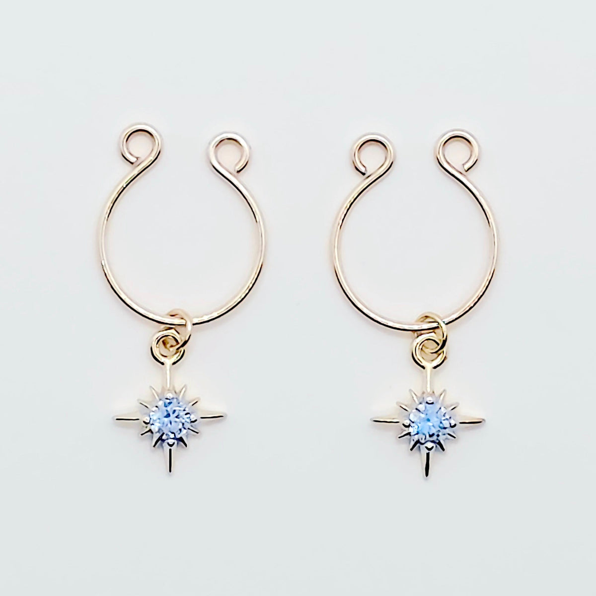 Gold Star Nipple Rings with Blue Gem. Non-Piercing Intimate Body Jewelry for Women. MATURE