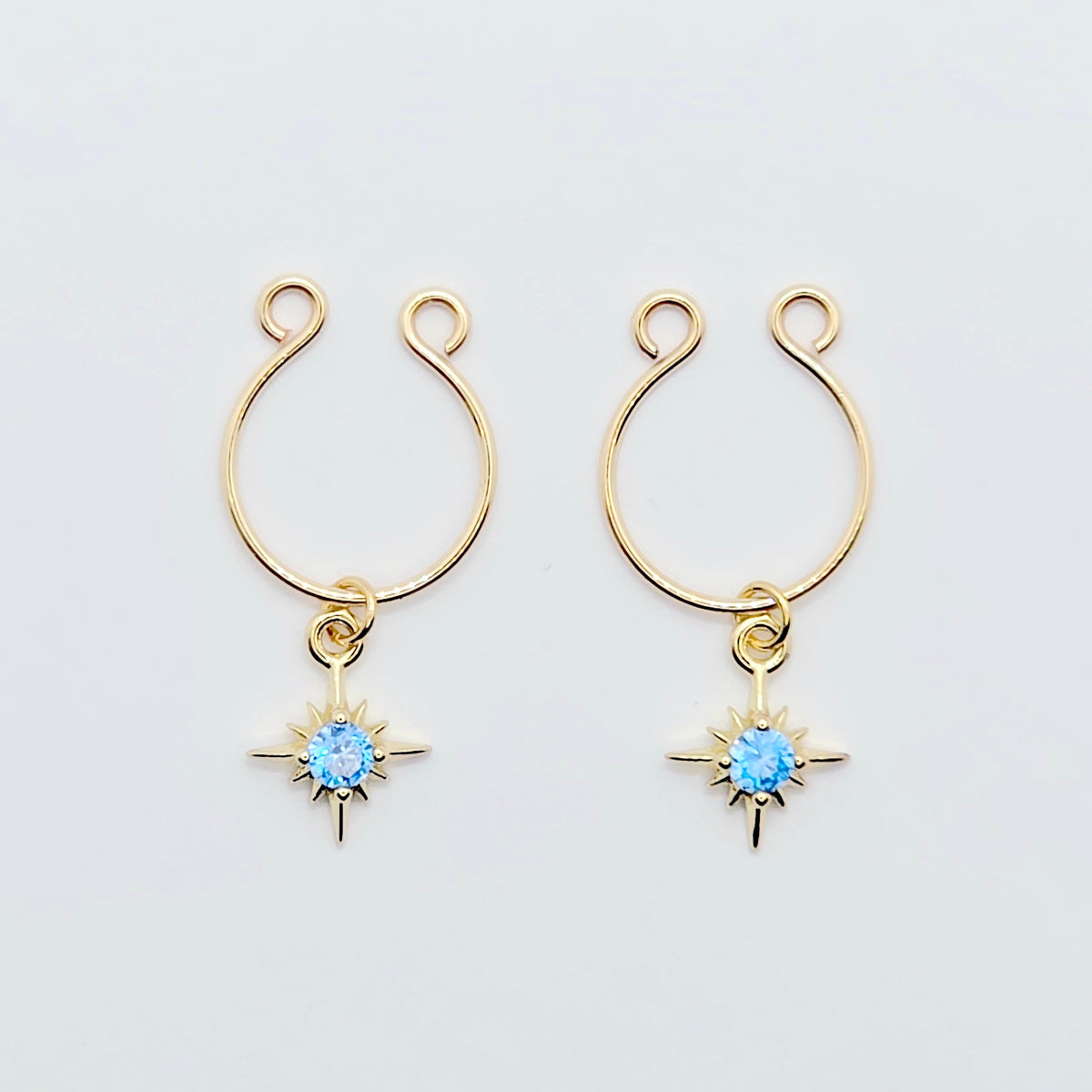 Gold Star Nipple Rings with Blue Gem. Non-Piercing Intimate Body Jewelry for Women. MATURE