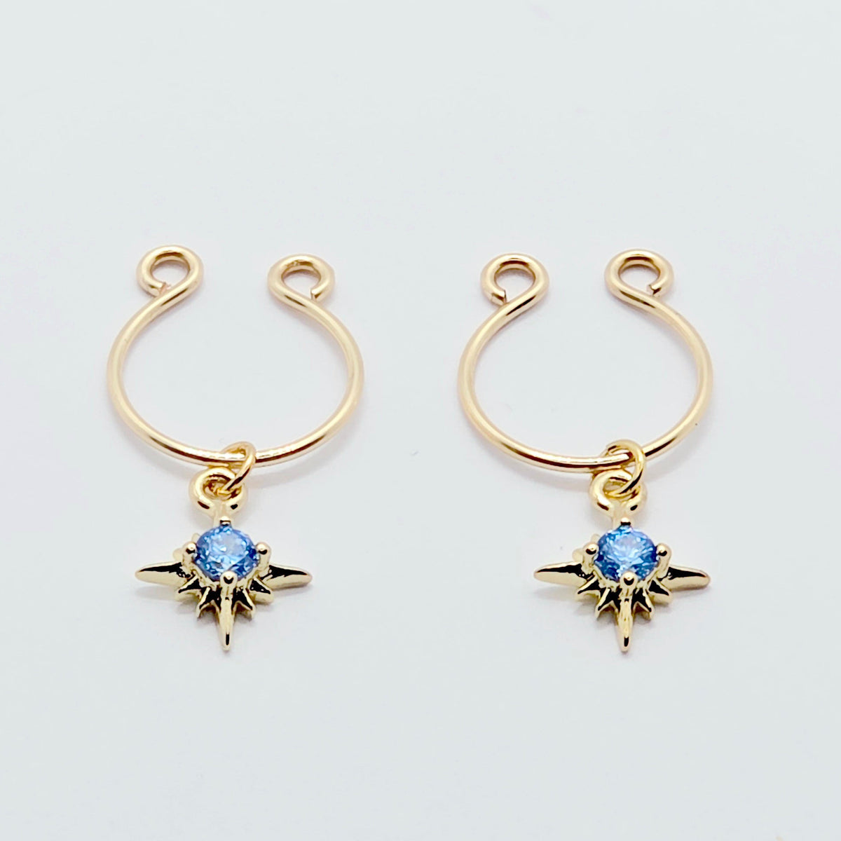Gold Star Nipple Rings with Blue Gem. Non-Piercing Intimate Body Jewelry for Women. MATURE