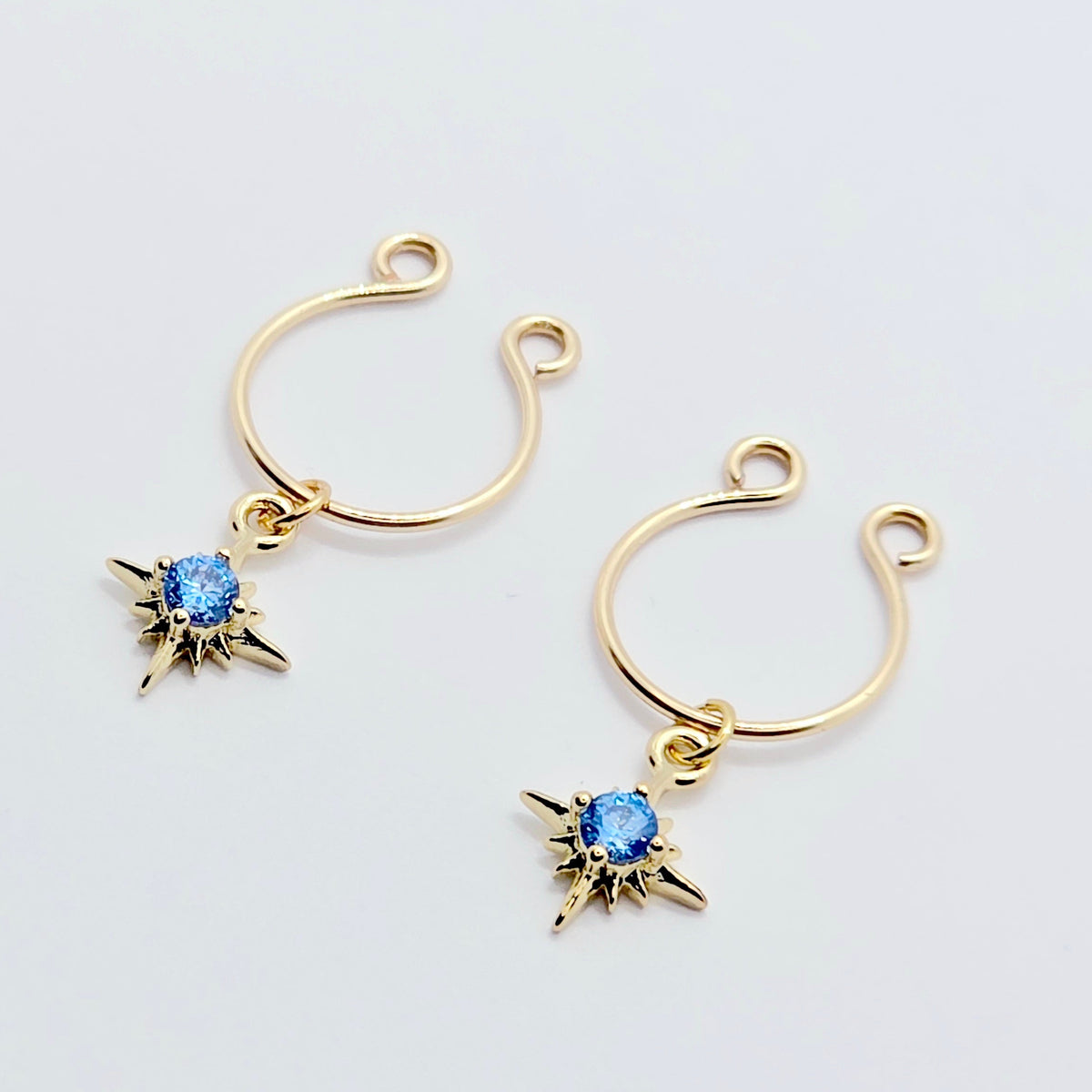 Gold Star Nipple Rings with Blue Gem. Non-Piercing Intimate Body Jewelry for Women. MATURE