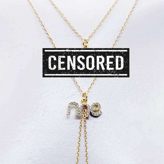 Gold Necklace to Nipple with Sparkling "Fuck Me" Pendants and Your Choice of Nipple Attachment. Non-Piercing, or use with Piercings.