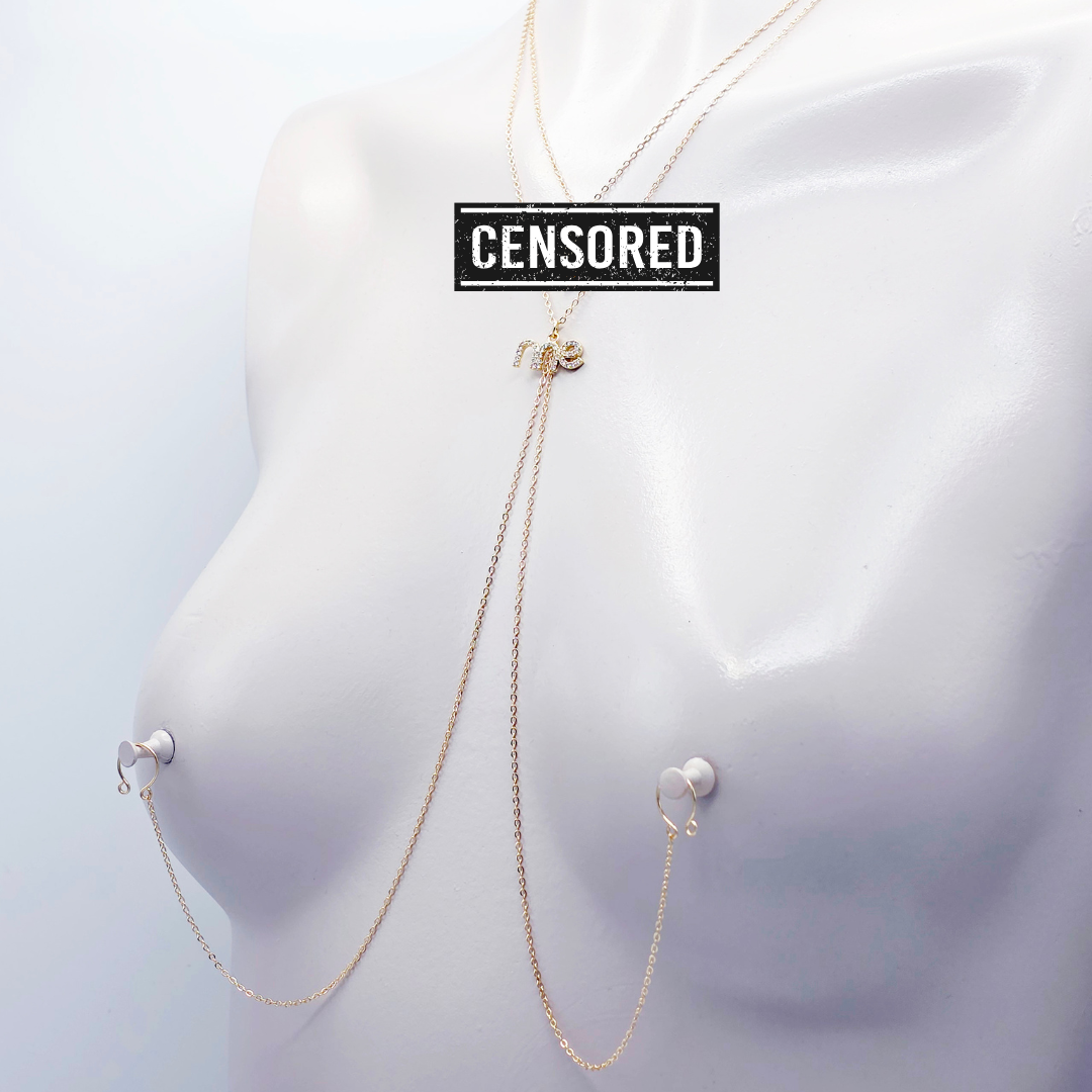 Gold Necklace to Nipple with Sparkling "Fuck Me" Pendants and Your Choice of Nipple Attachment. Non-Piercing, or use with Piercings.