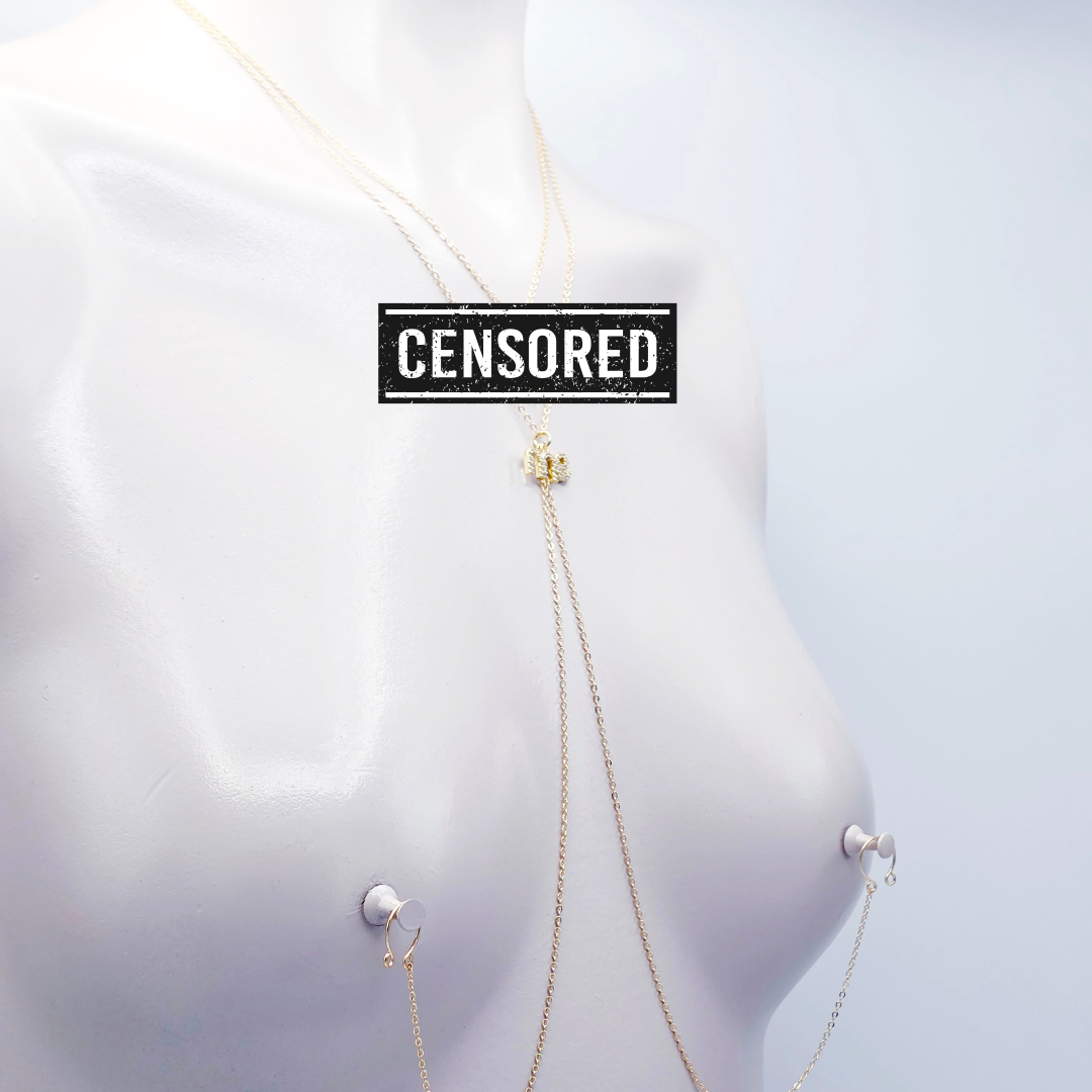 Gold Necklace to Nipple with Sparkling "Fuck Me" Pendants and Your Choice of Nipple Attachment. Non-Piercing, or use with Piercings.