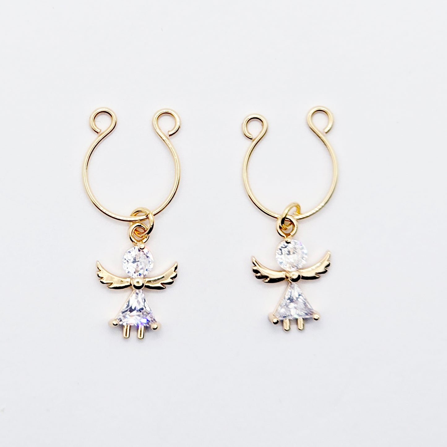 Faux Piercing Nipple Rings, Gold with Cubic Zirconia Angels