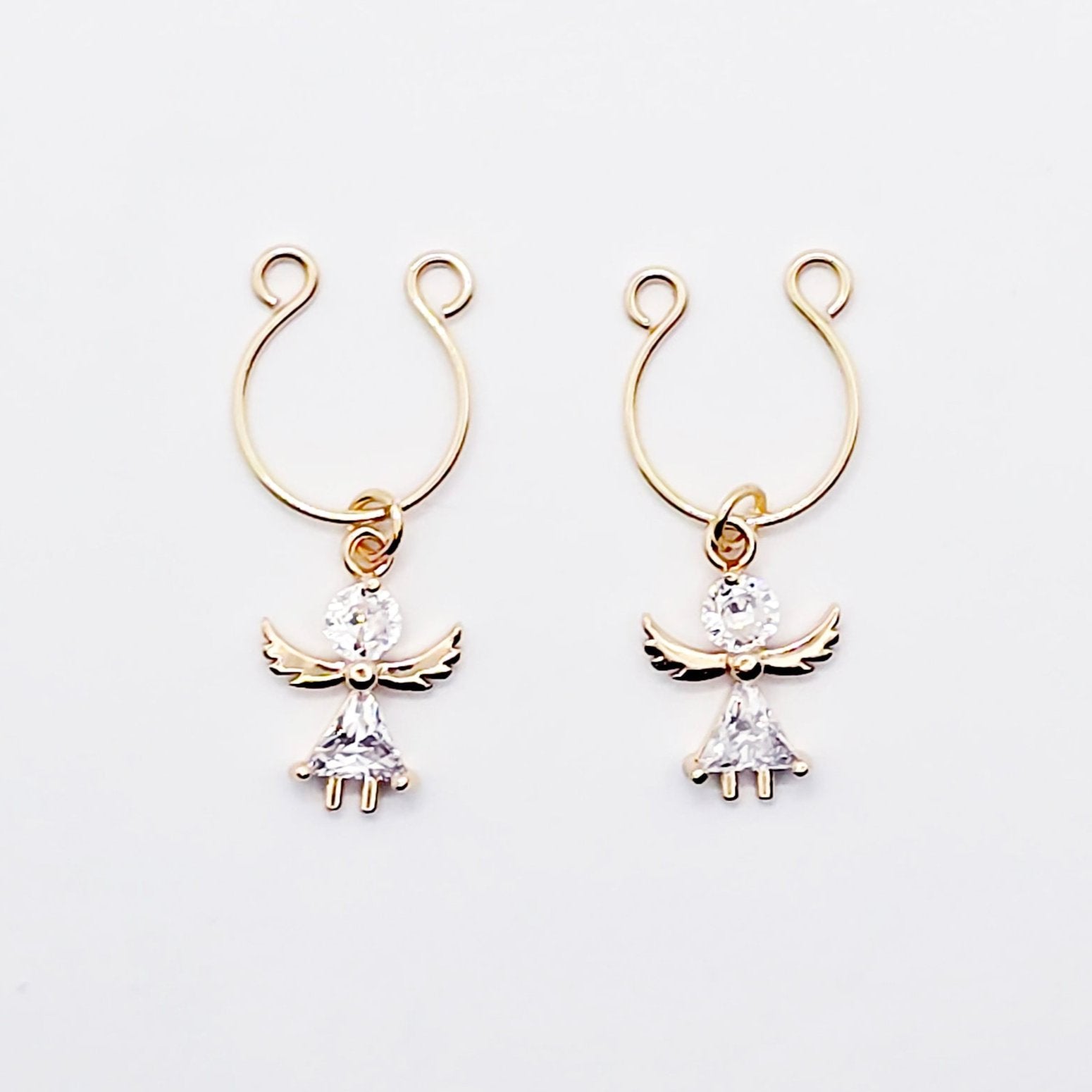 Horseshoe style Nipple Rings , Not Pierced, Gold. With Cubic Zirconia Angels