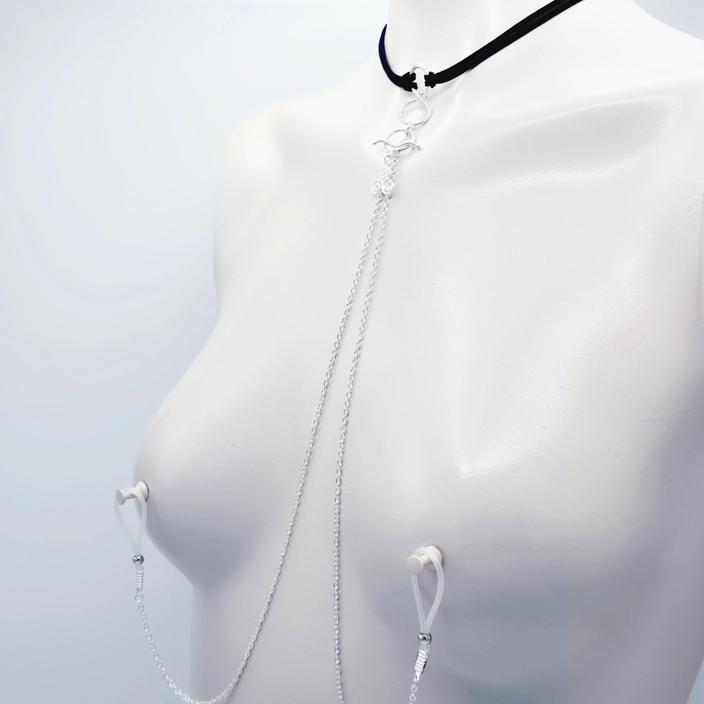 Day Collar Choker with Tri Circle Pendant, Triskelion, and Removable Nipple Chains with Your Choice of Attachment.