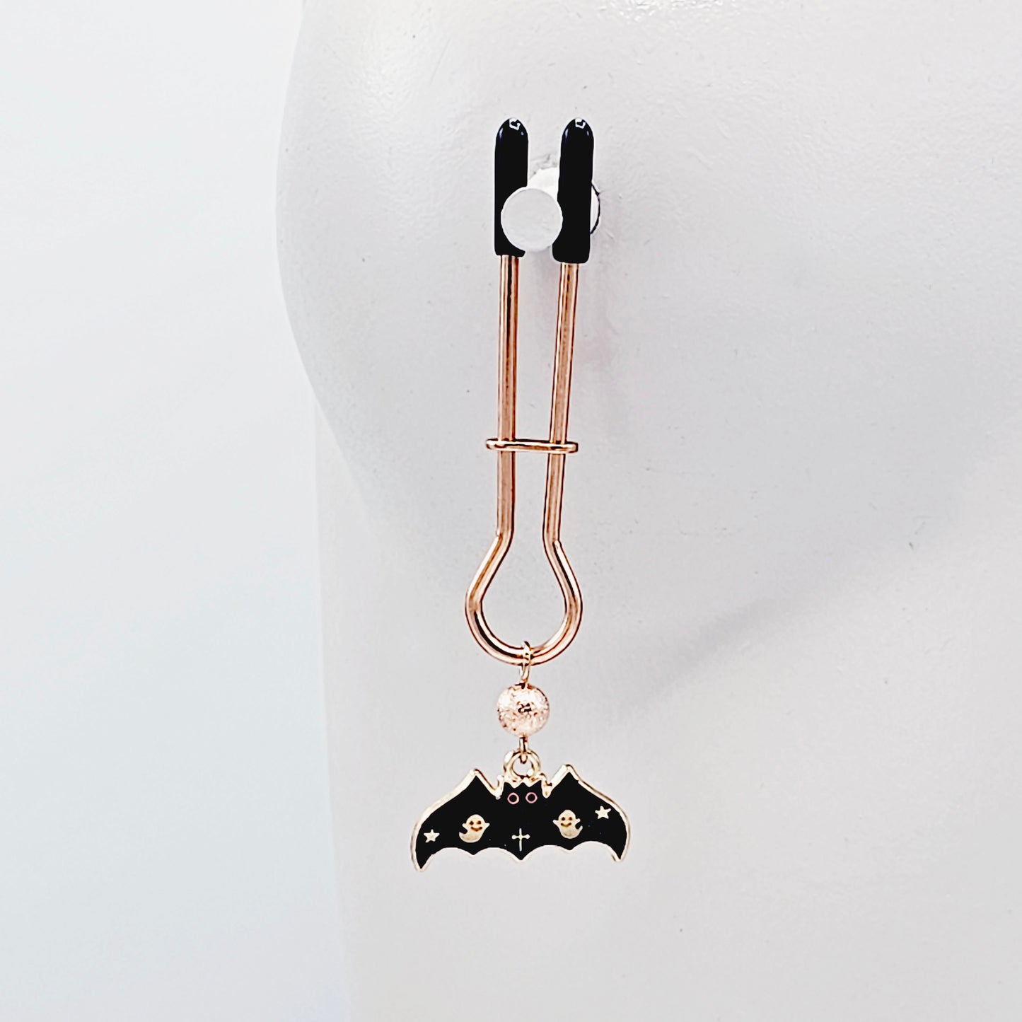 Spooky Nipple Clamps for Halloween. Rose Gold Straight Tweezer Clamps with Bats.