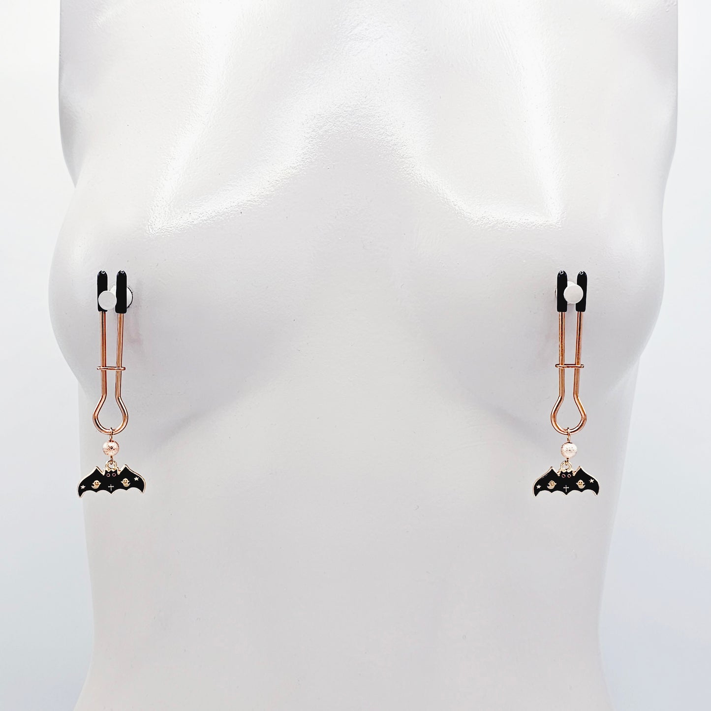 Spooky Nipple Clamps for Halloween. Rose Gold Straight Tweezer Clamps with Bats.