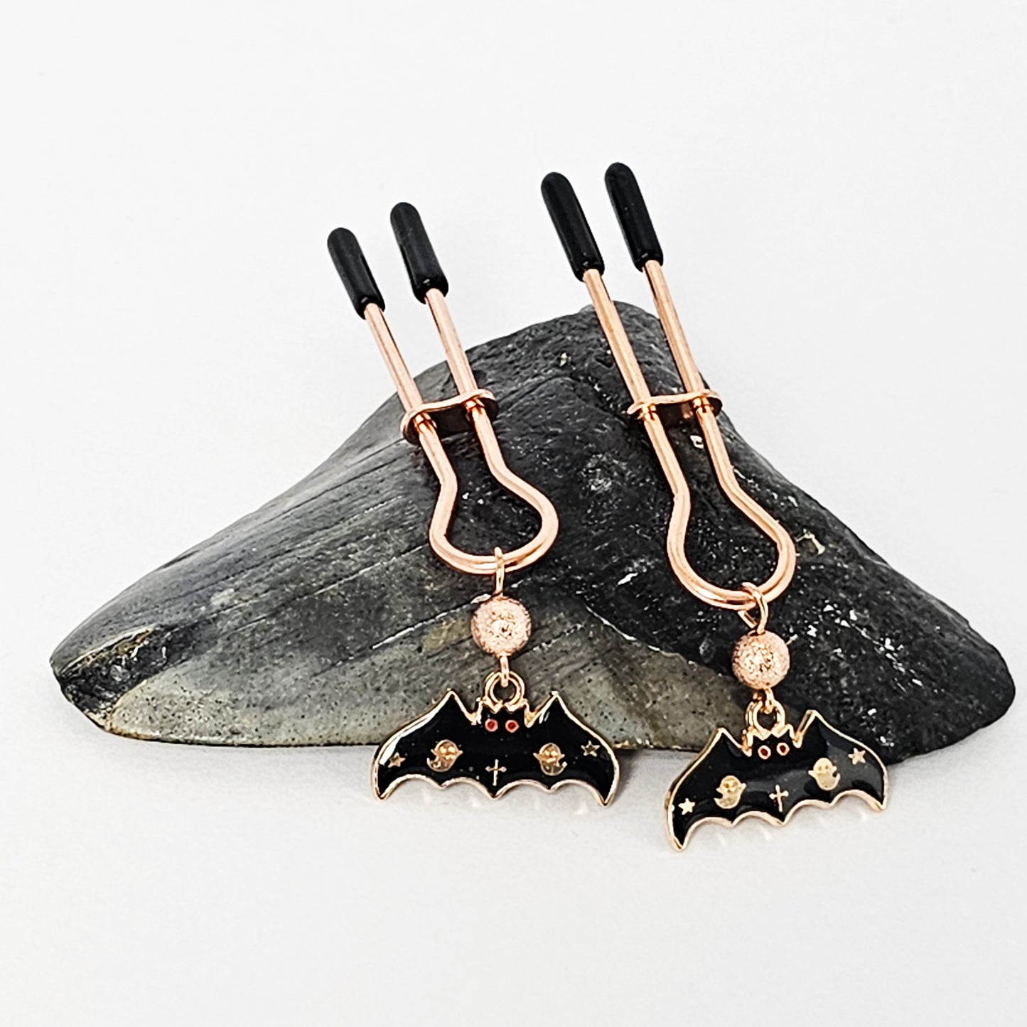 Spooky Nipple Clamps for Halloween. Rose Gold Straight Tweezer Clamps with Bats.