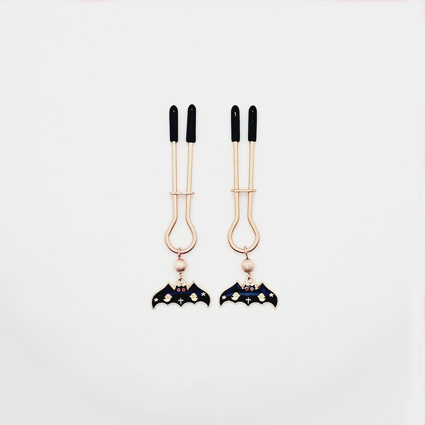 Spooky Nipple Clamps for Halloween. Rose Gold Straight Tweezer Clamps with Bats.