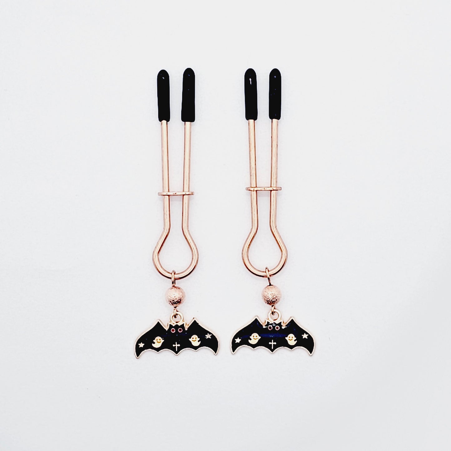 Spooky Nipple Clamps for Halloween. Rose Gold Straight Tweezer Clamps with Bats.