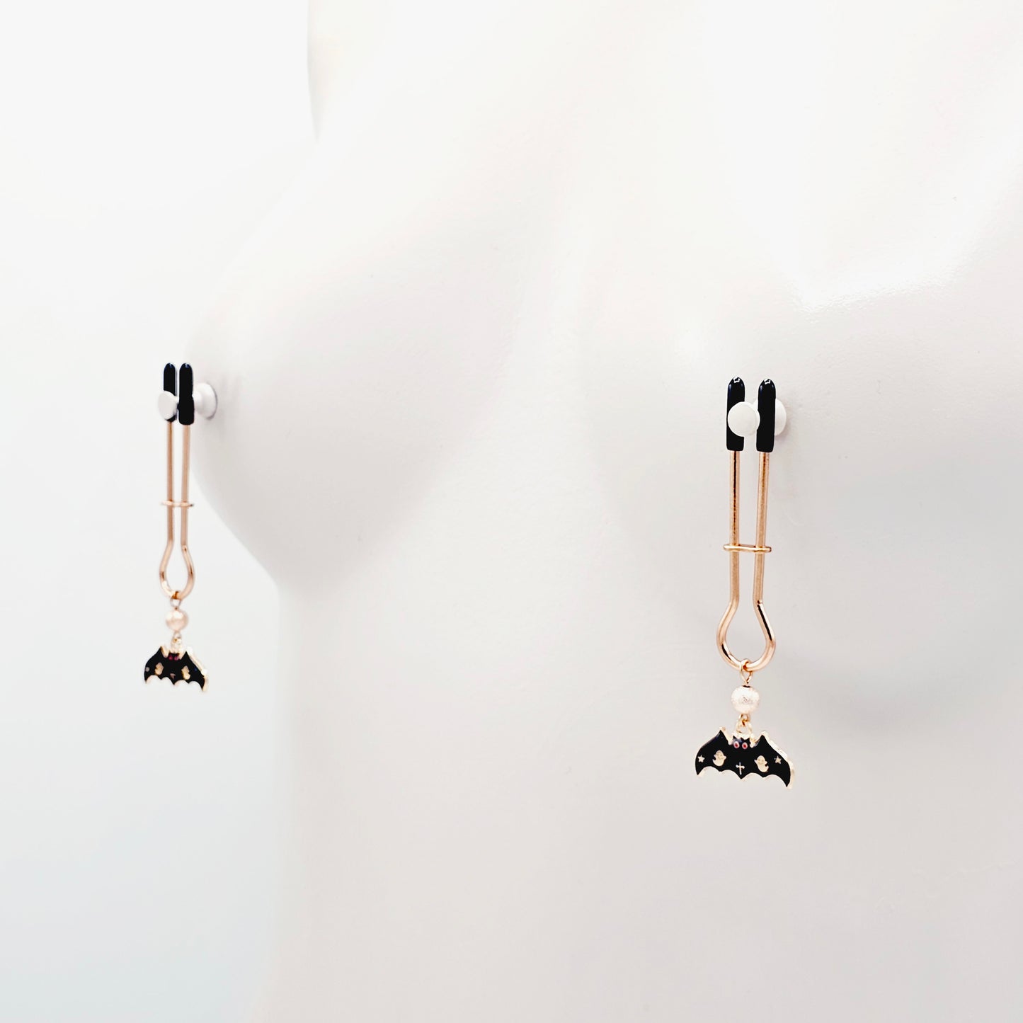 Spooky Nipple Clamps for Halloween. Rose Gold Straight Tweezer Clamps with Bats.