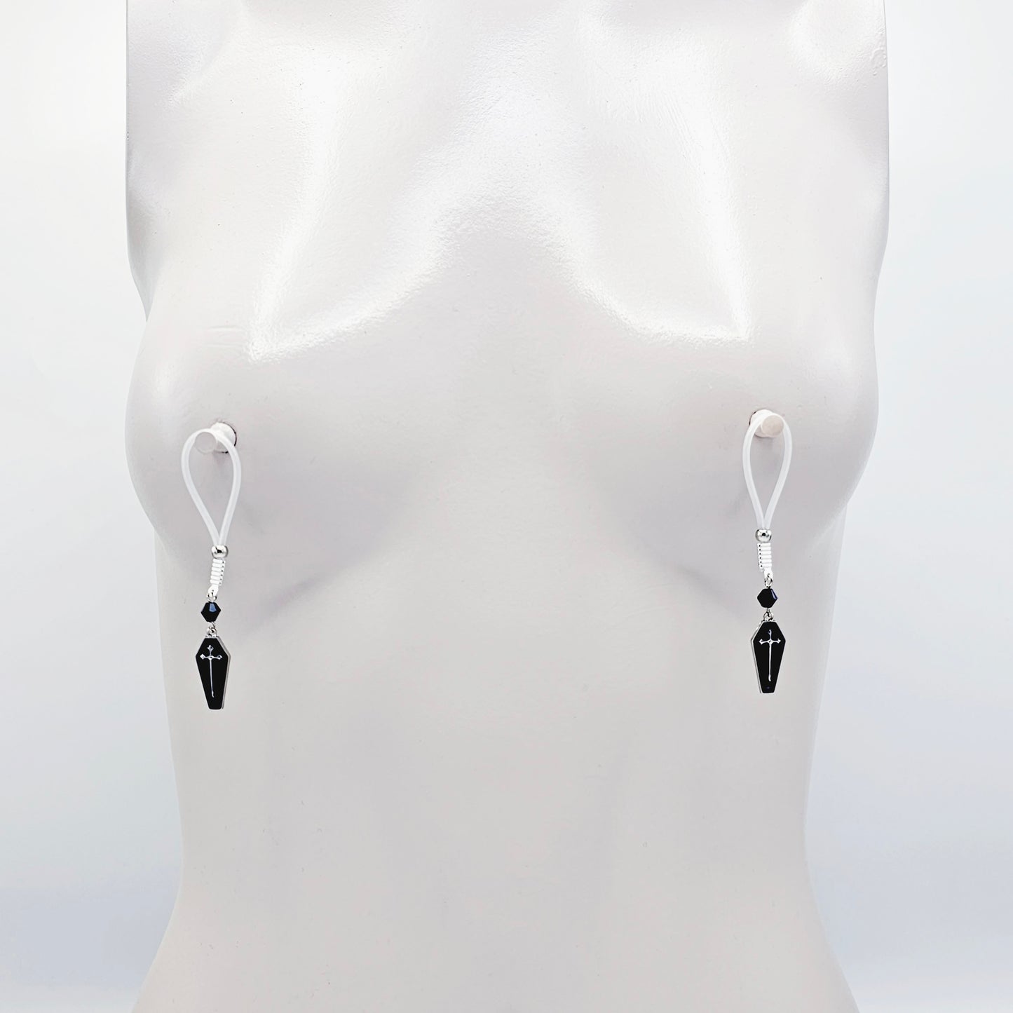 Gothic Nipple Jewelry for Halloween with Black Coffins. Not Piercing Nipple Nooses or Nipple Clamps