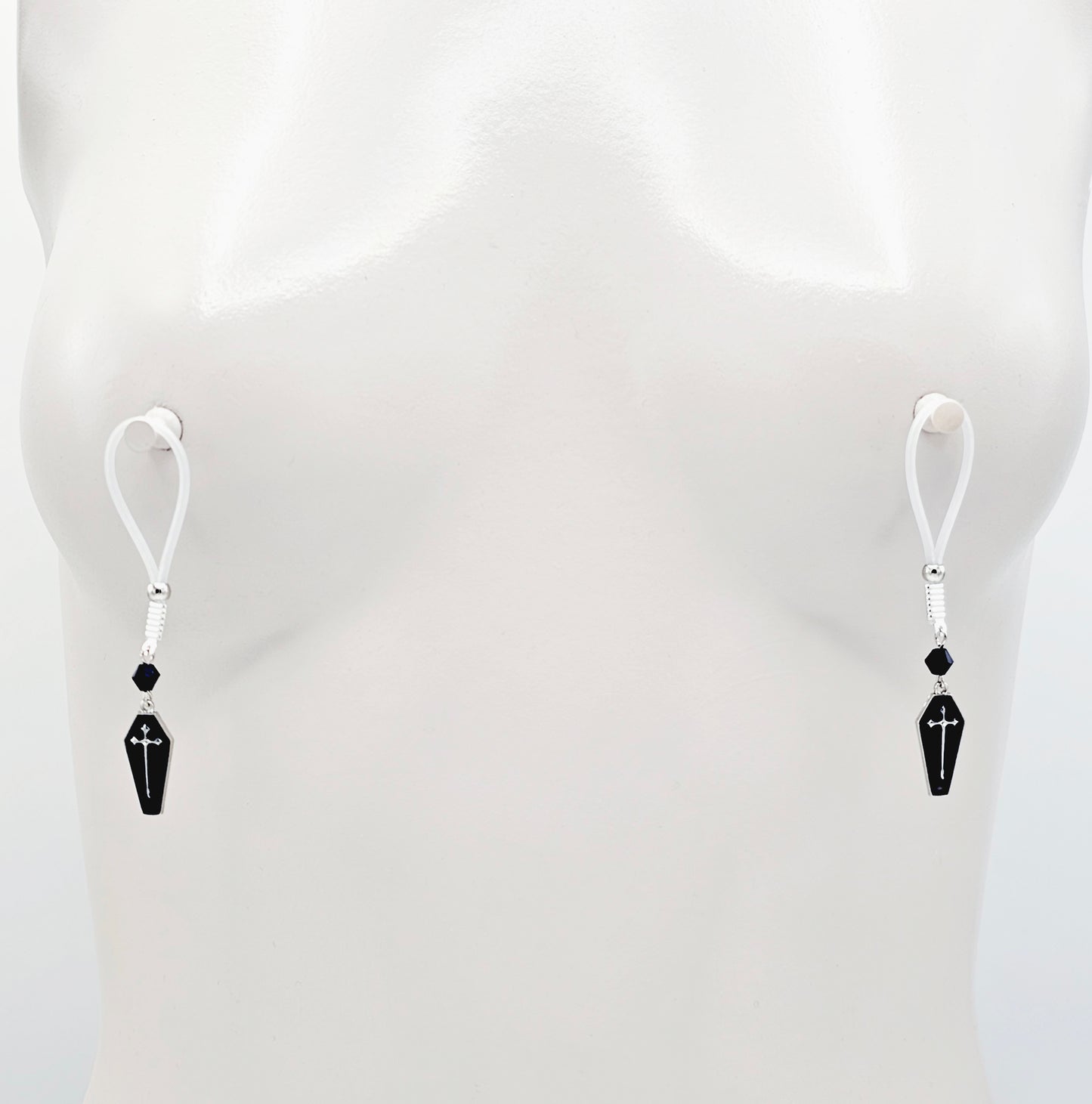 Gothic Nipple Jewelry for Halloween with Black Coffins. Not Piercing Nipple Nooses or Nipple Clamps