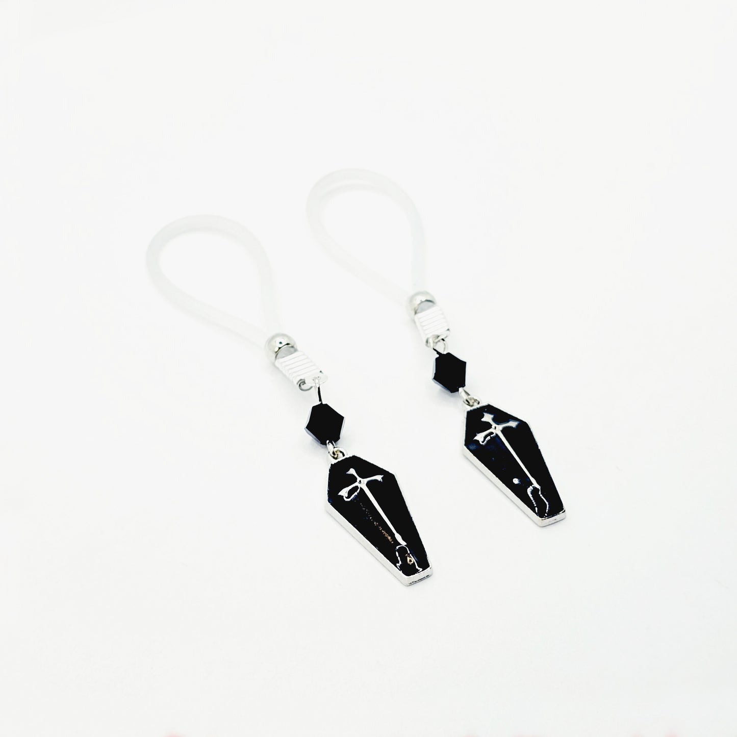 Gothic Nipple Jewelry for Halloween with Black Coffins. Not Piercing Nipple Nooses or Nipple Clamps