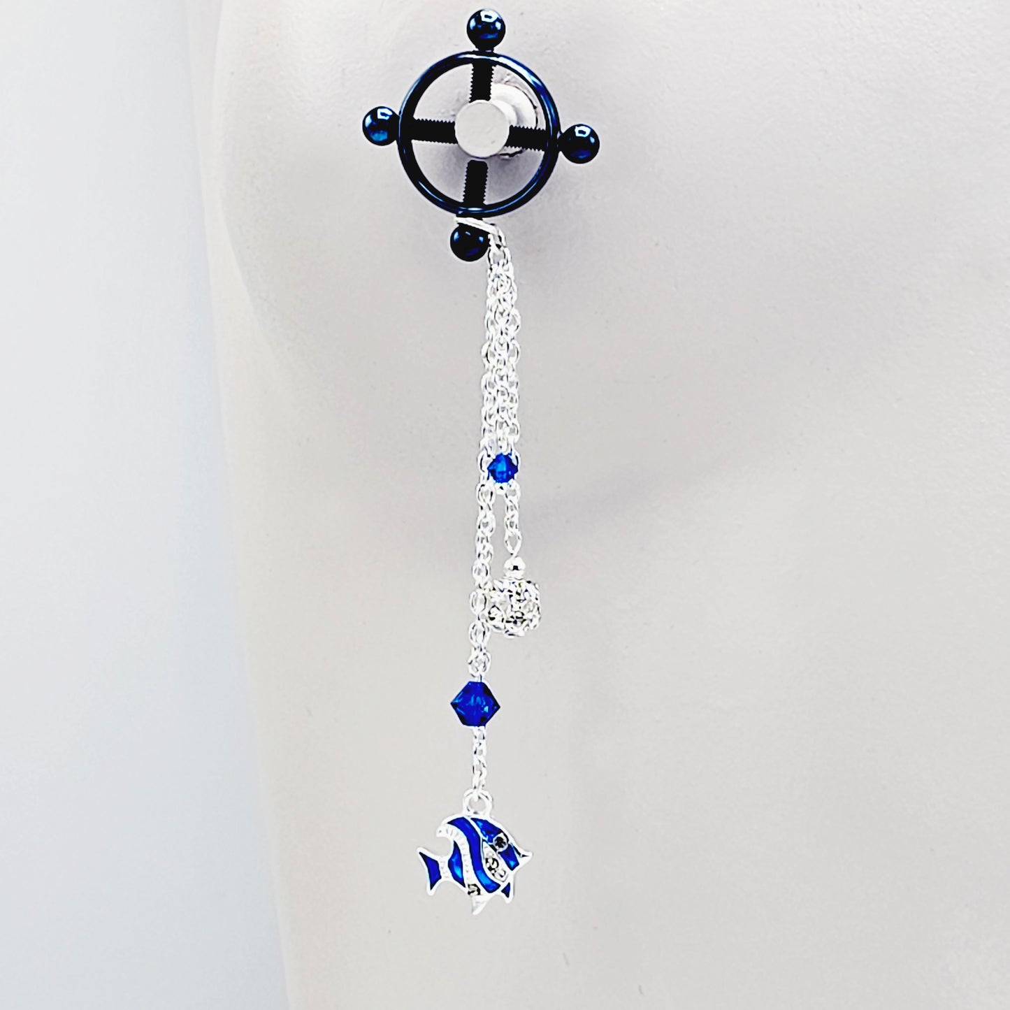 Circle Nipple Clamps, Blue, with Cascading Crystals and Tropical Fish. Non Piercing Nipple Dangles