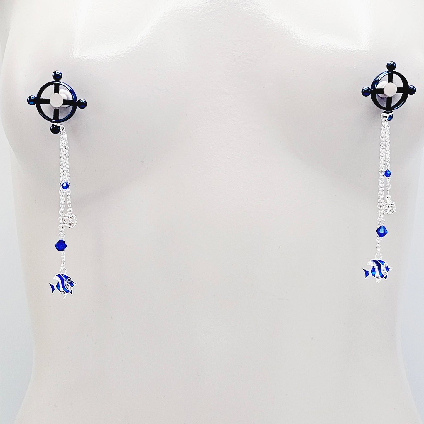 Circle Nipple Clamps, Blue, with Cascading Crystals and Tropical Fish. Non Piercing Nipple Dangles