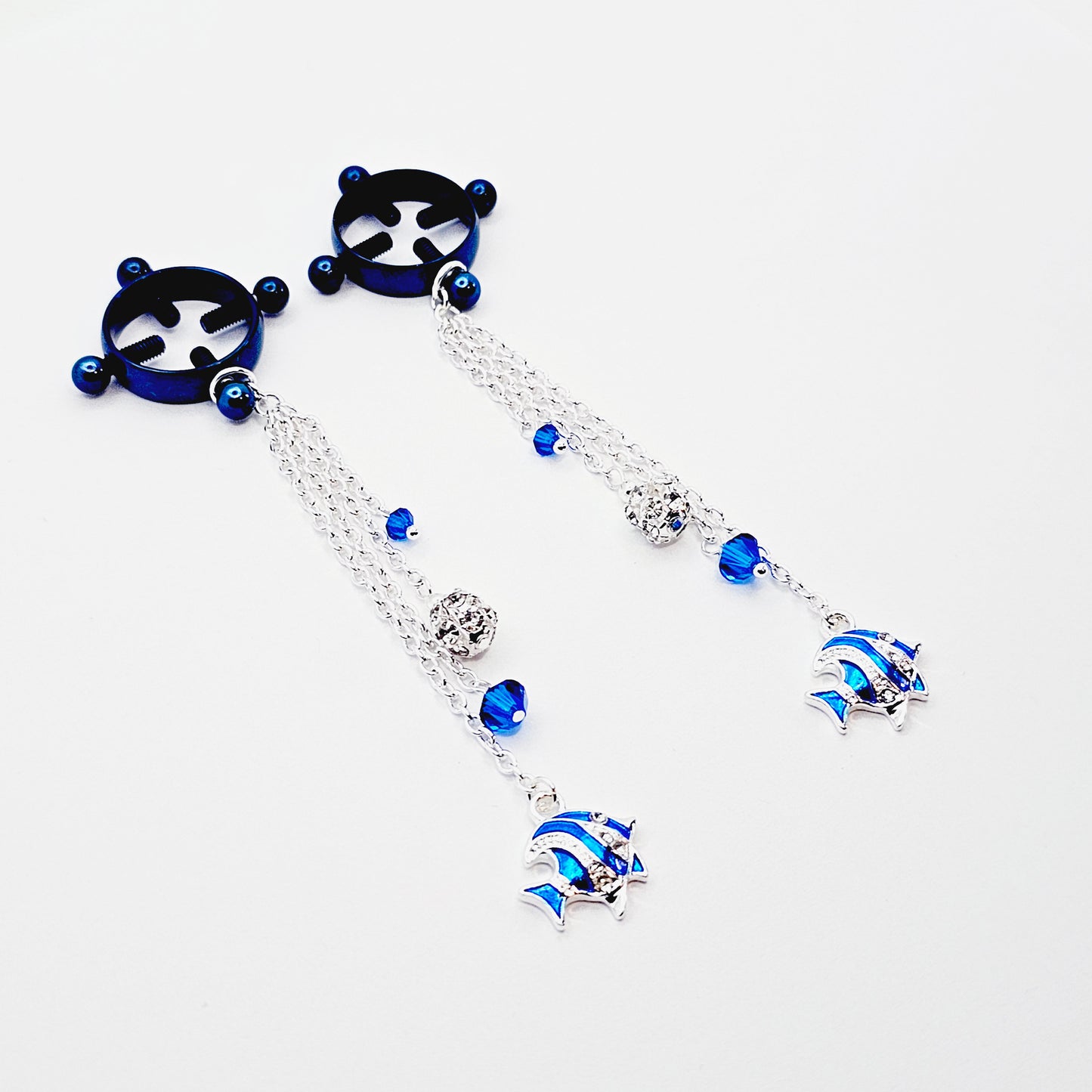 Circle Nipple Clamps, Blue, with Cascading Crystals and Tropical Fish. Non Piercing Nipple Dangles