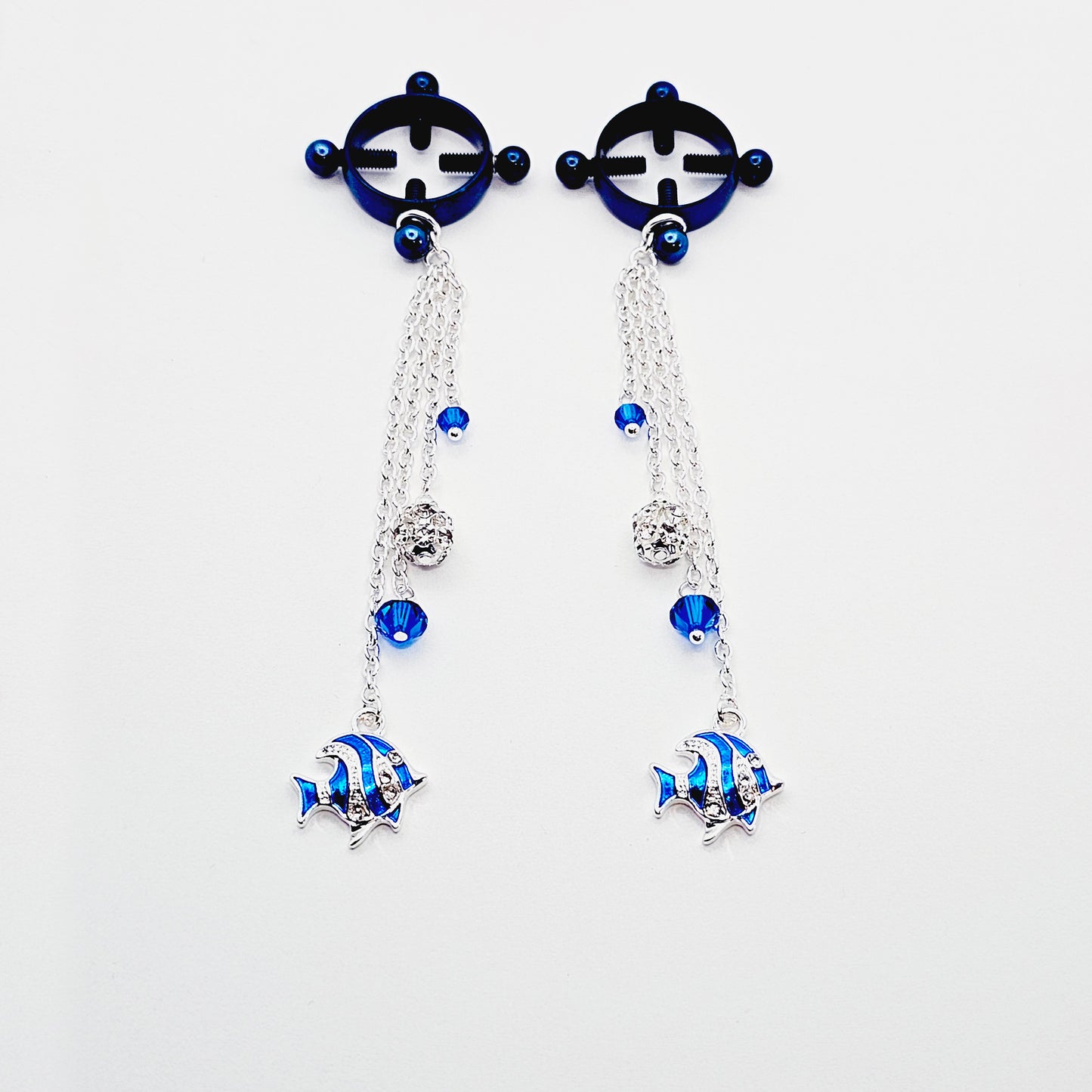 Circle Nipple Clamps, Blue, with Cascading Crystals and Tropical Fish. Non Piercing Nipple Dangles