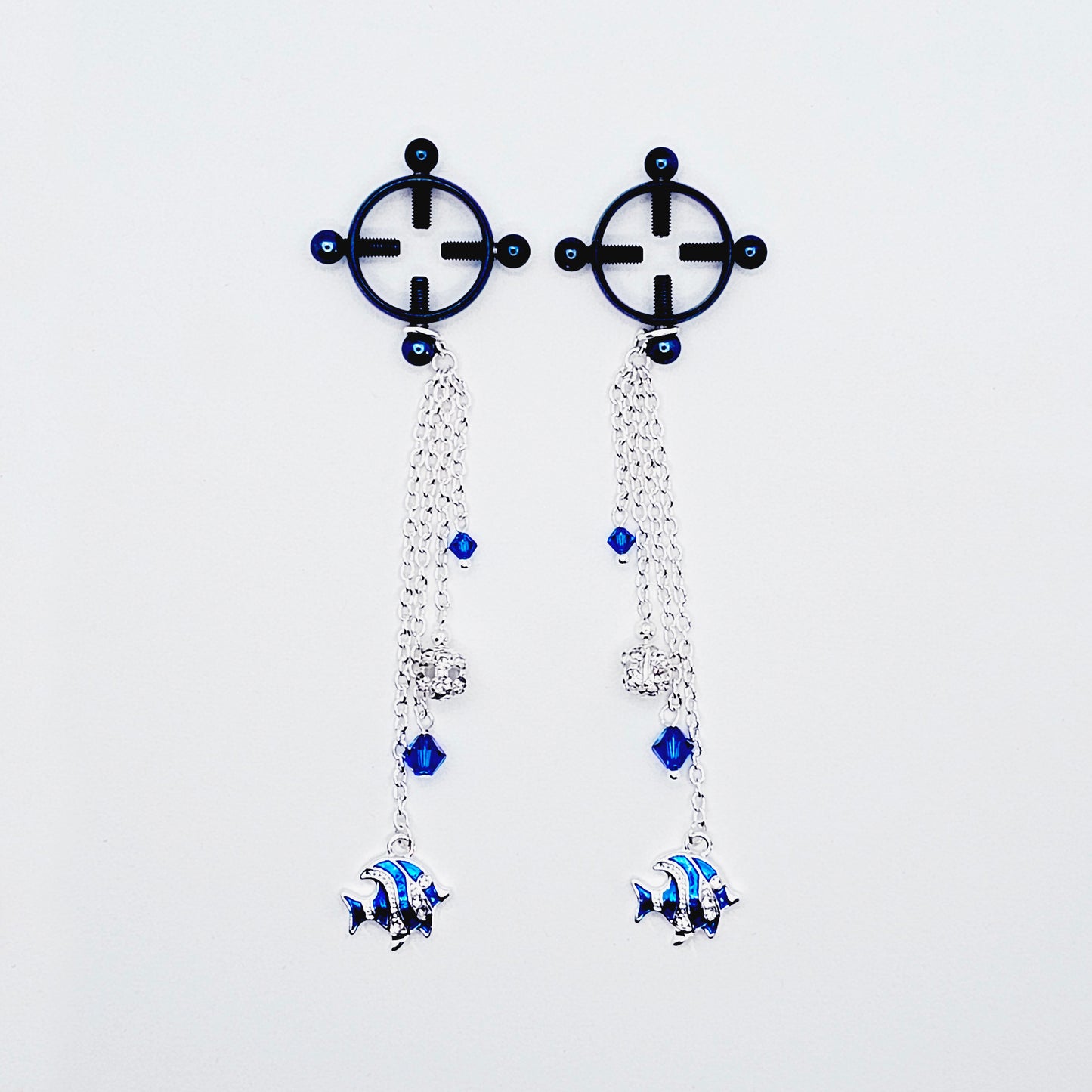 Circle Nipple Clamps, Blue, with Cascading Crystals and Tropical Fish. Non Piercing Nipple Dangles